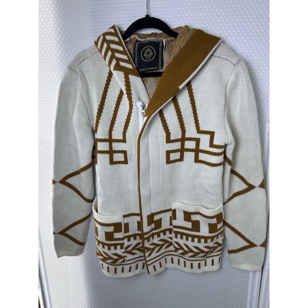 Black Pharaoh Aztec Knit Unisex Cardigan Zipper Sweater Grandpa Medium 2 - Picture 14 of 15